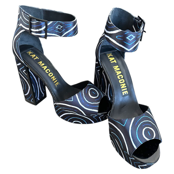 Kat Maconie Angel/Black Printed Satin Chunky High Heel Shoes like new size US 9 - Picture 4 of 16